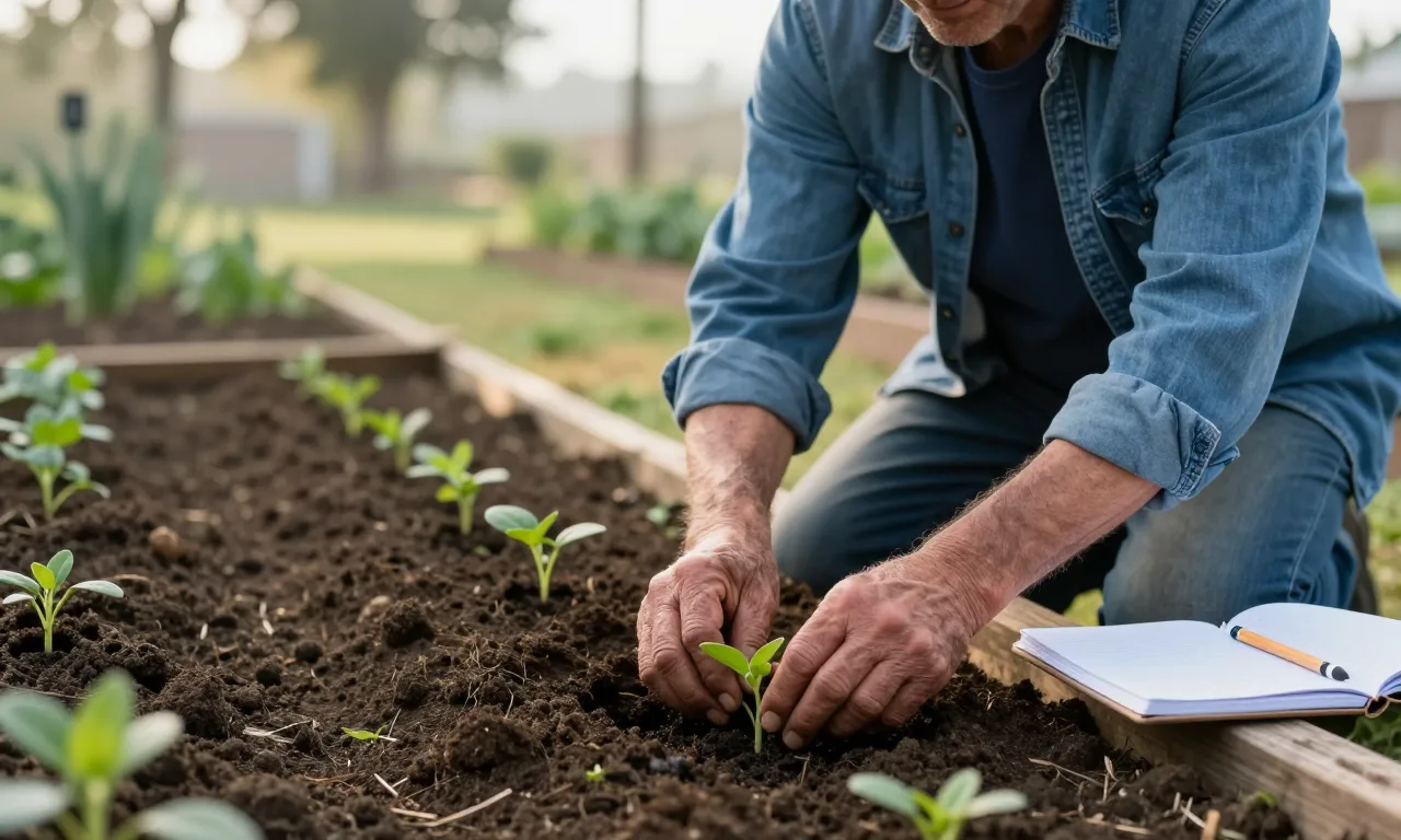 A small business owner planting young seedlings in a garden bed