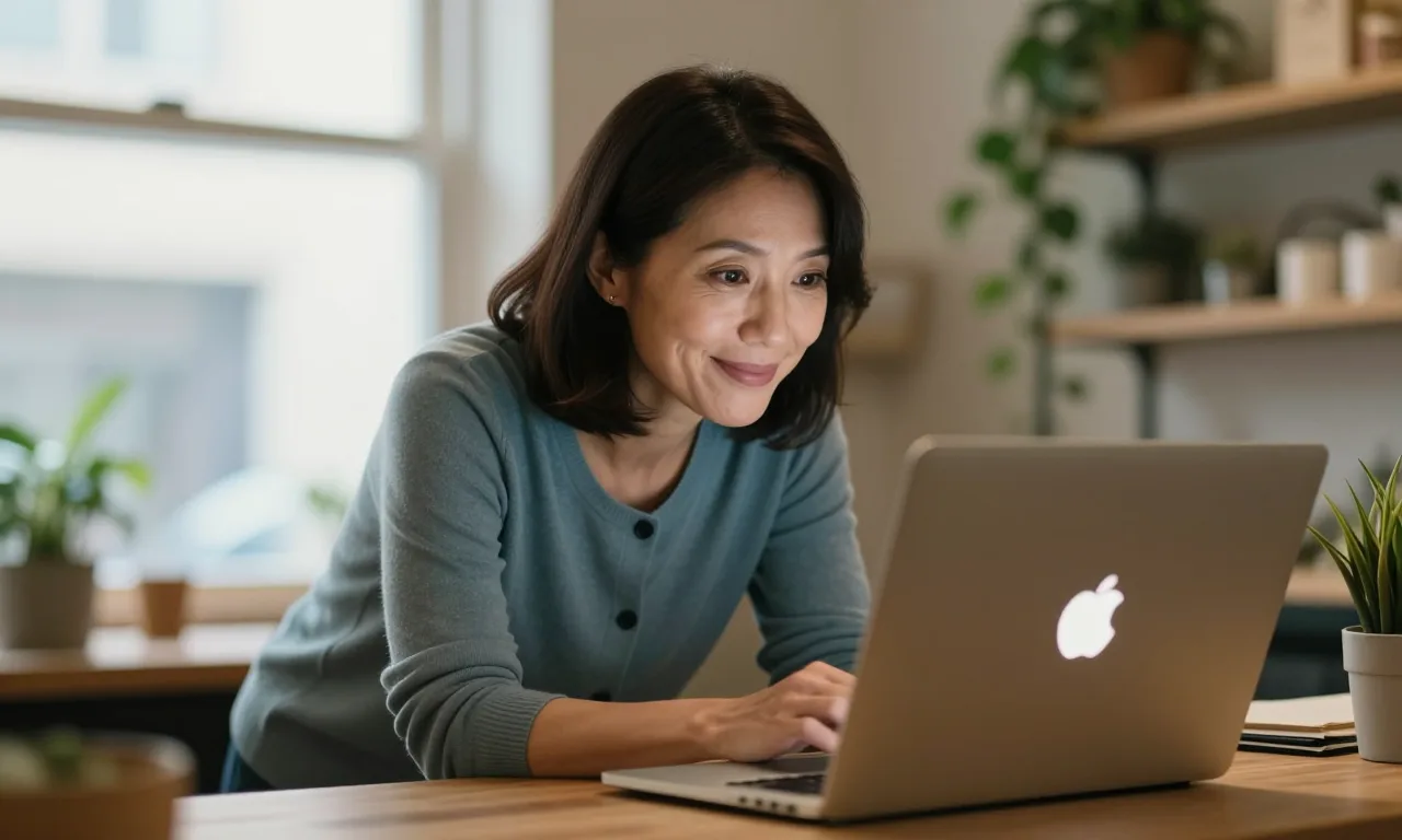 A small business owner at her shop counter smiling with delight as she reads a helpful answer on her laptop screen, her face lit warmly by the screen glow