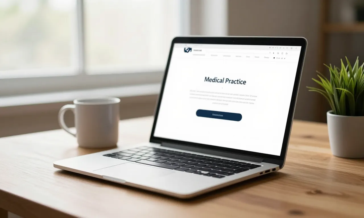 Clinic administrator in a slate blue blouse reviewing an accessibility checklist on a laptop at a wooden desk
