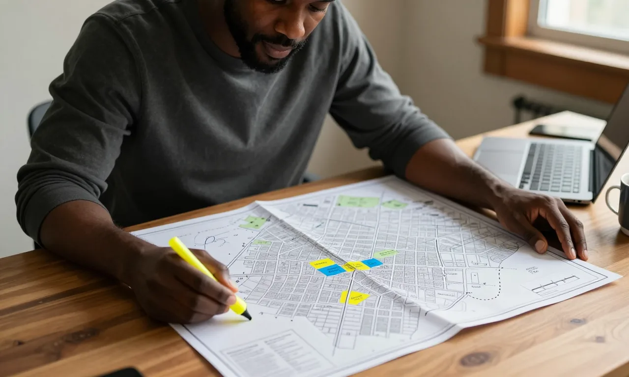 Real estate agent planning neighborhood pages on a city map