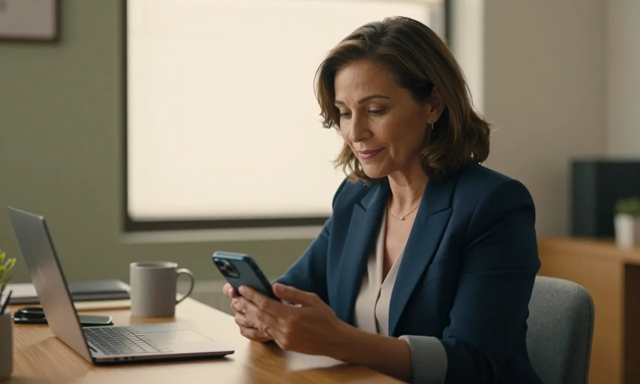 Real estate agent looking at her phone at her desk, appearing in a local map search
