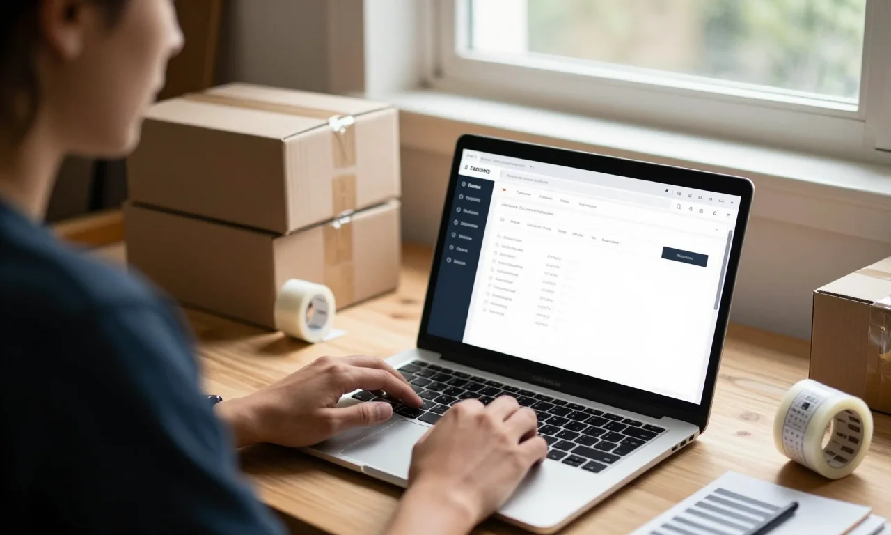 A store owner at a workbench reviewing their Shopify store on a laptop beside packed orders