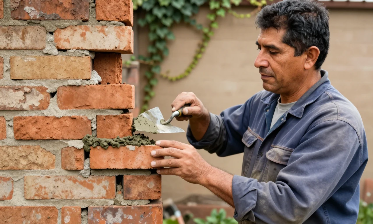 A mason repointing a loose brick with fresh mortar, reinforcing a wall so it holds sound